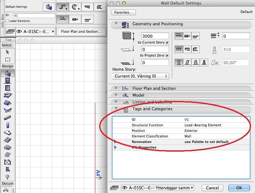 OPTIMERAD SAMGRANSKNING Figur 3.2 Klassificering av byggnadselement i ArchiCAD Under Default Settings finns en favorit knapp, där går det att spara väggen som favorit.