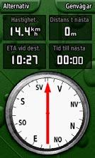 Tillämpningar Kompassidan Under aktiv navigering leder kompassidan dig till din destination med en grafisk kompassvisning och en pekare.