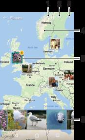 1 Visa geotaggade foton i jordglobsvyn 2 Sök efter en plats på kartan 3 Visa menyalternativ 4 Tryck till två gånger för att zooma in. Knip ihop fingrarna för att zooma ut.