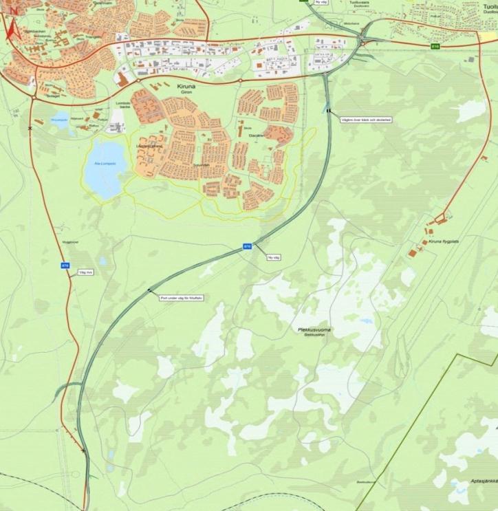 2.4 Trafikverkets planering Trafikverket planerar inom projektet Kirunaprojektet nya vägar ny vägsträckning av E10 norr om Kiruna, från Tuollavaara i sydväst och ansluter till befintlig E10 vid