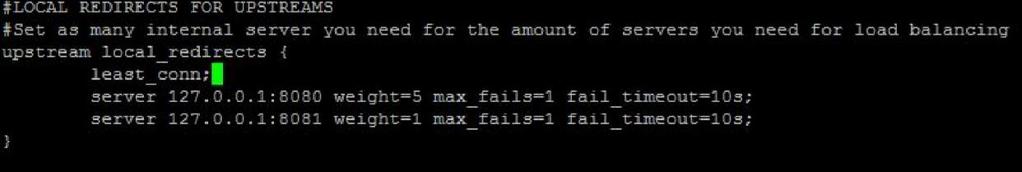 2.4.3. I denna konfiguration kan man tydligt se att det är Least Connection algoritmen som används genom att det står least_conn i servergruppen till skillnad från Round Robin där det är som standard.