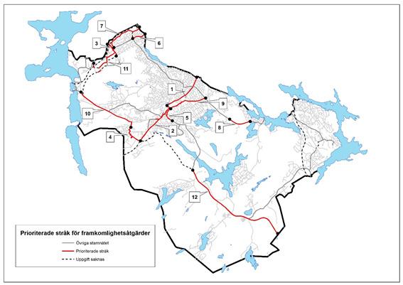 Figur 24: Karta med prioriterade stråk för framkomlighetsåtgärder i stamnätet på kort och lång sikt. Tabell 5: Stråk i stamnätet där busstrafikens framkomlighet behöver säkerställas på sikt.