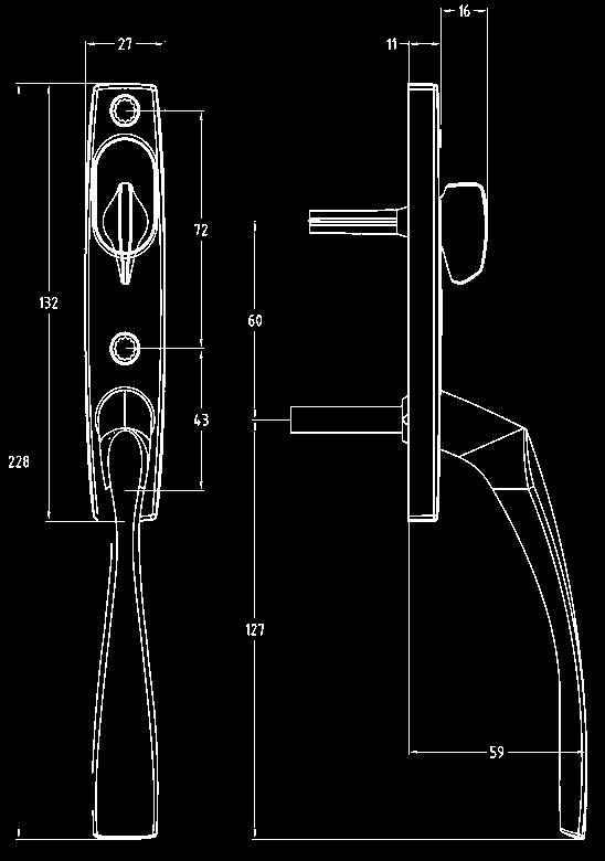 Material Handtag och långskylt, förkromad, mattförkromad eller förmässingad zamakmetall. (Pulverlack och ASSA Prion Miralloy på beställning).