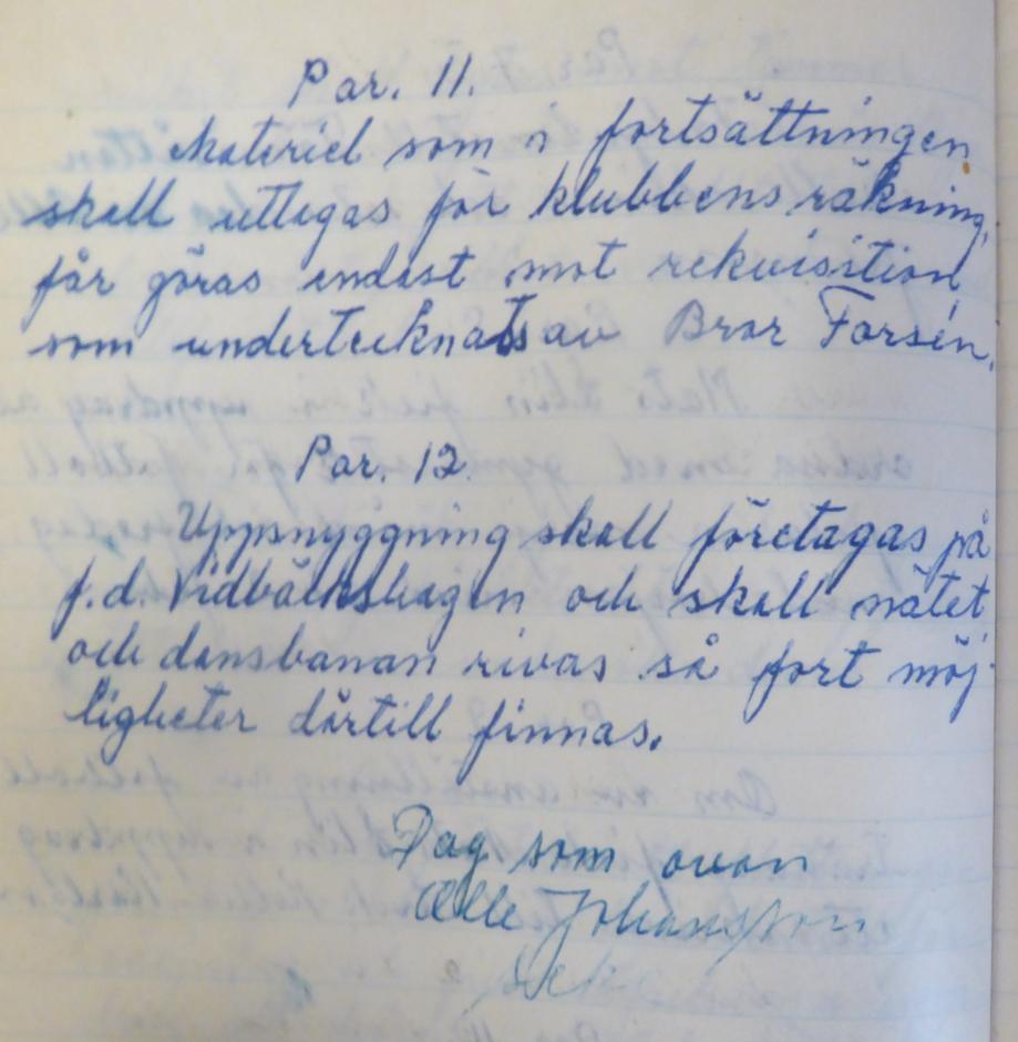 Protokoll fört vid möte mellan Färnäs Bygdegård och F.S.K:s styrelse den 22/4 1953. Närv. För F.S.K. Mats>Elin, Erik Nilsson, Olle Johansson. För Bygdegården Joh.