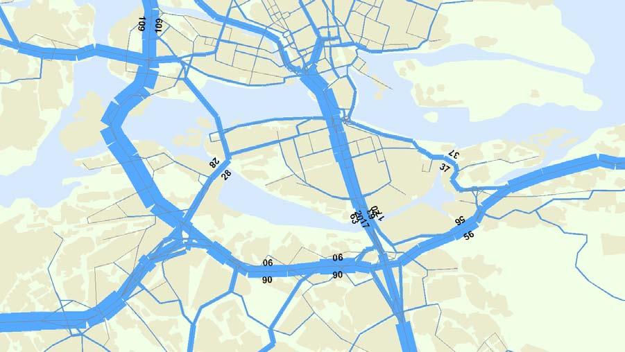 Tabell 3-16 Skillnader uppmätt trafik respektive Sampersberäknad på Södra länken Södra länken, mätpunkt Uppmätt Sampers Samp-Uppm Samp/Uppm Vid Sickla kanal 46 000 75 400 29 400 1,64 Mellan