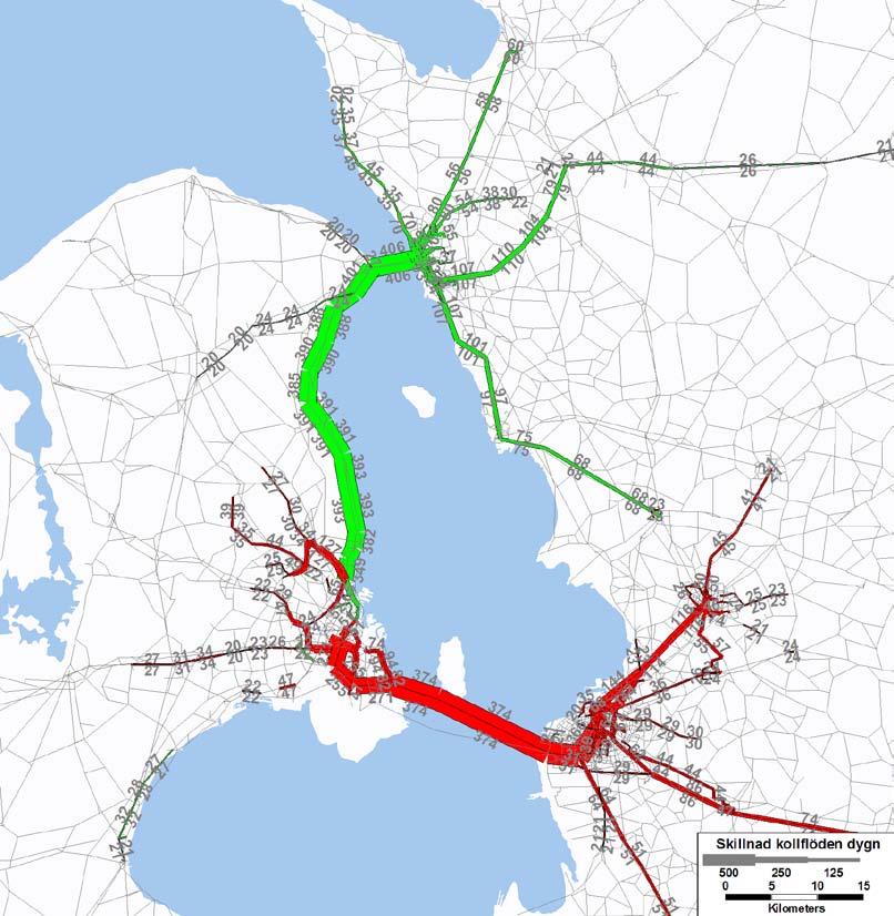 I Figur 5-8 visas skillnaden i kollektivtrafikflödena per dygn mellan alternativen. Grön färg innebär att flödena är större i UA medan röd färg innebär att de är mindre i UA.