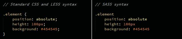 Figur 4. Exempel på standard CSS och LESS syntax jämfört med SASS. Utöver dessa praktiska skillnader mellan LESS och SASS finns det också tekniska skillnader.