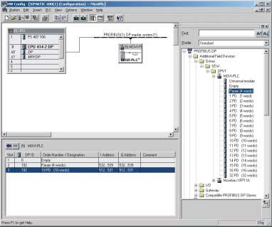 I Projektering och 4 idrifttagning Projektering av PROFIBUS-DP-master 4. Ange I/O- resp.. periferiadresser för de projekterade databredderna i kolumnerna "I Address" [] och "Q Address" [].