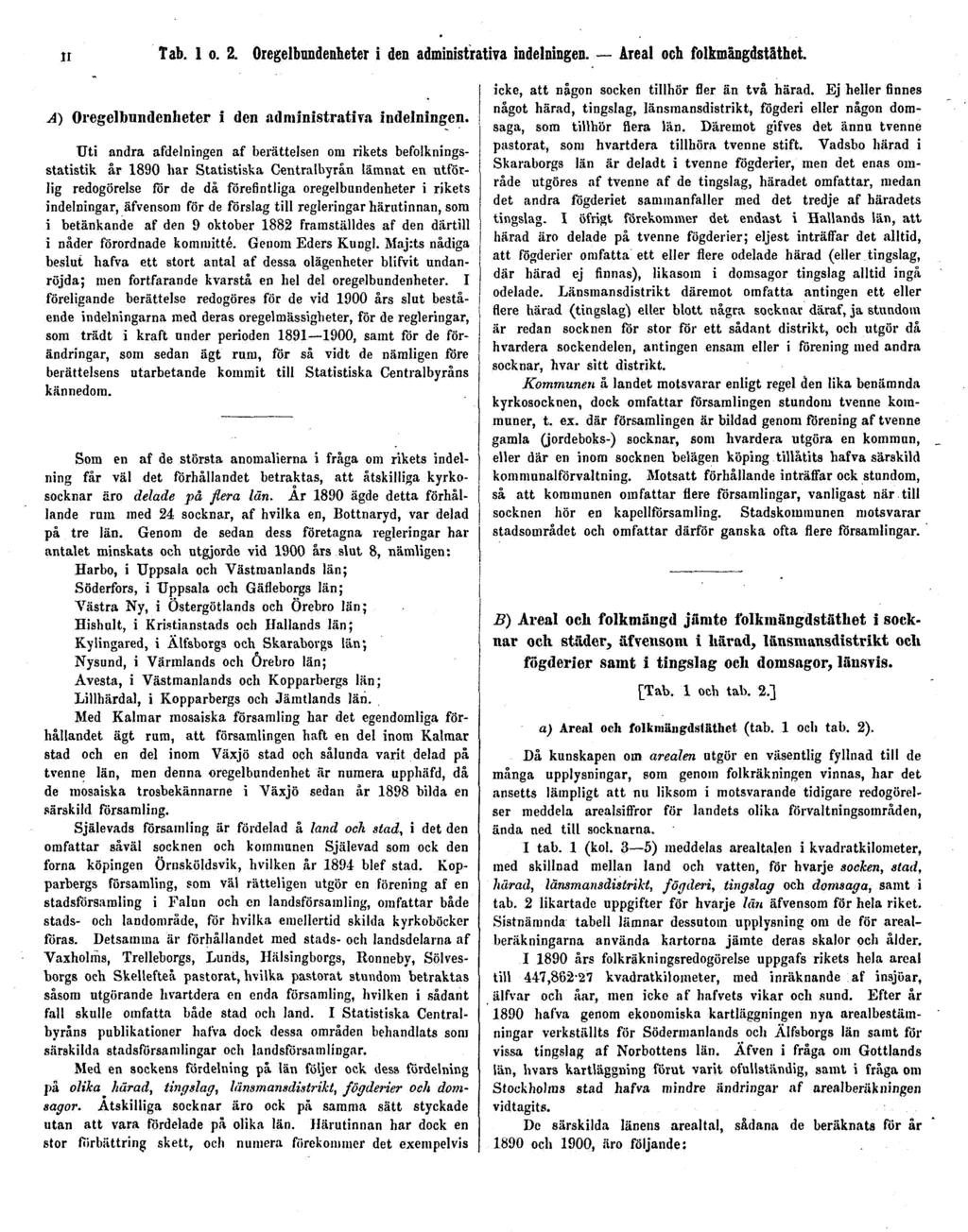 II Tab. 1 o. 2. Oregelbundenheter i den administrativa indelningen. Areal och folkmängdstäthet. A) Oregellrandenlieter i den administrativa indelningen.