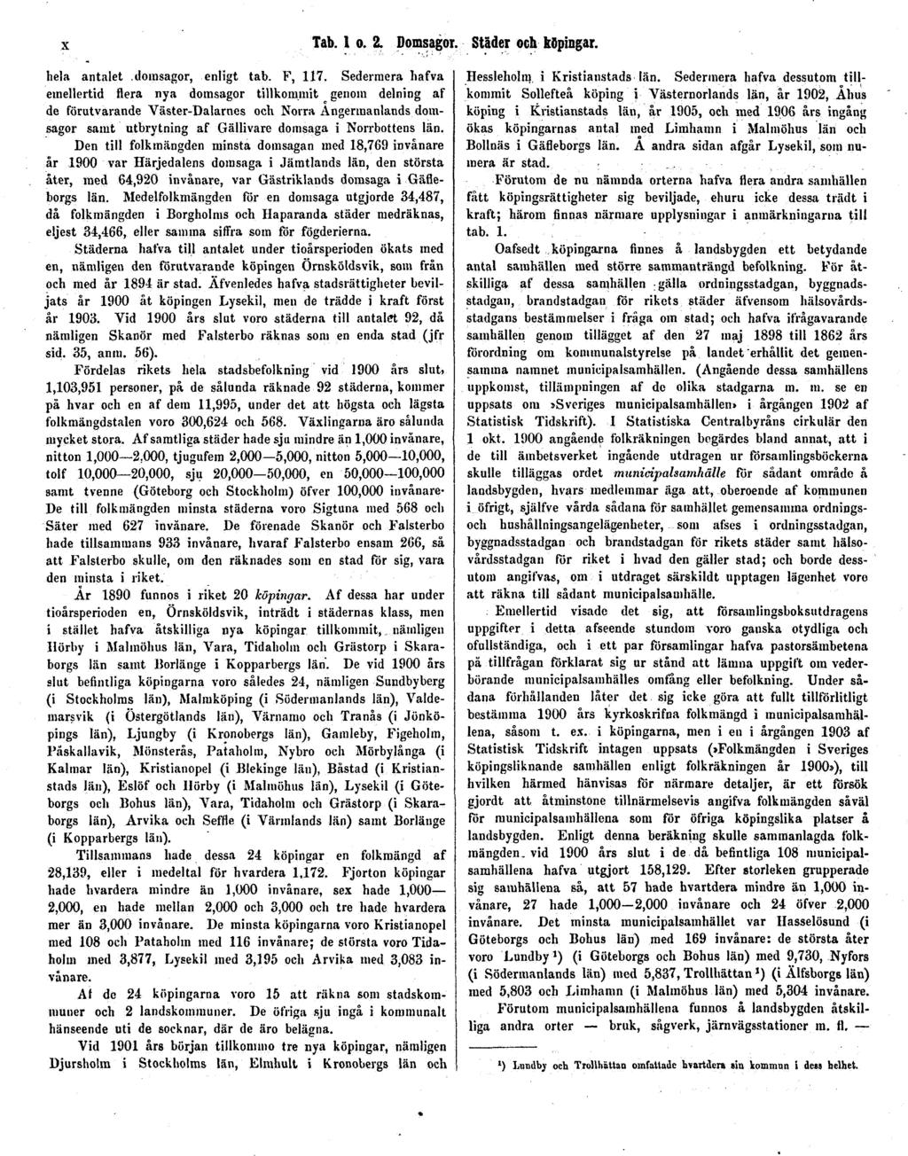 X Tab. 1 o. 2. Domsagor. Städer och köpingar. hela antalet.dorasagor, enligt tab. F, 117.