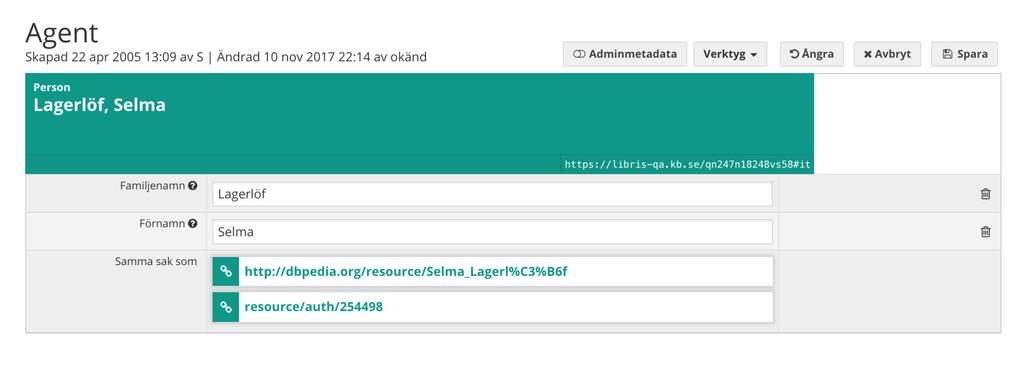 Exempel uttryckt som data Exemplet med Selma Lagerlöf: <https://libris-qa.kb.