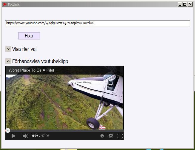 Adrians Fixlink Visa YouTubefilm i helskärmsbild Adrians Fixlink Är e litet fristående program som ibland kan ändra länken ll en YouTube film så a den sedan spelas upp i helskärmsvisning när den