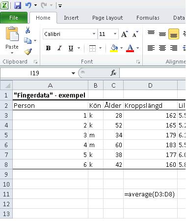 1:1 Medelvärde för kroppslängd. Skriv in =AVERAGE() i någon valfri cell och skriv därefter mellan parenteserna in det cellområde vars medelvärde skall beräknas (i exemplet nedan området D3:D8).