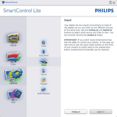 3. Bildoptimering Options>Input (Alternativ>Inmatning) - är endast aktivt när Input (Inmatning) väljs i rullgardinsmenyn Options (Alternativ).