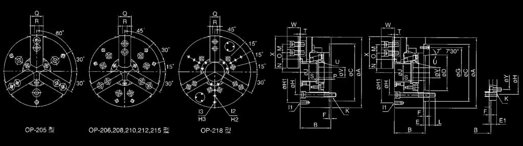 ÖVRIGA Kraftchuck OP Trebackig med genomgång Modell Spindelnos A B C (h6) D E E1 F G H H1 I1 H2 I2 H3 OP-204-110 59 85 - - - 4-70,6 - - - - - OP-205 A 2-4 135 60 110 63,513 20-4 96 82,6 PCD Ø 118