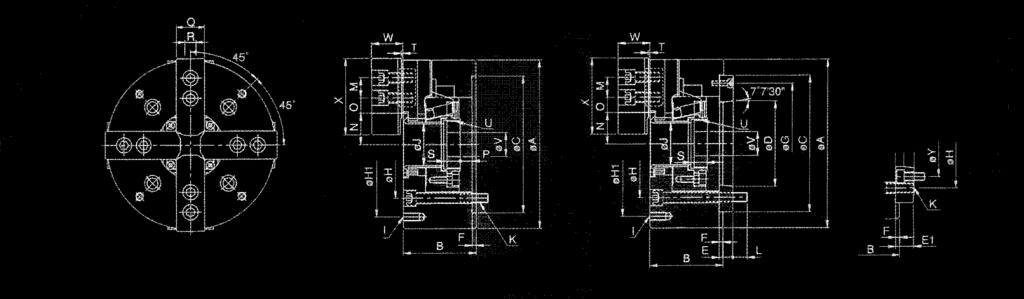 ÖVRIGA Kraftchuck OPF Fyrbackig kraftchuck med genomgång BILD SAKNAS Modell Spindelnos A B C (h6) D E E1 F G H H1 I J K L OPF-206 A 2-5 169 81 140 82,563 15-5 116 104,8 PCD Ø 145 4-M10 x 1,5P 45