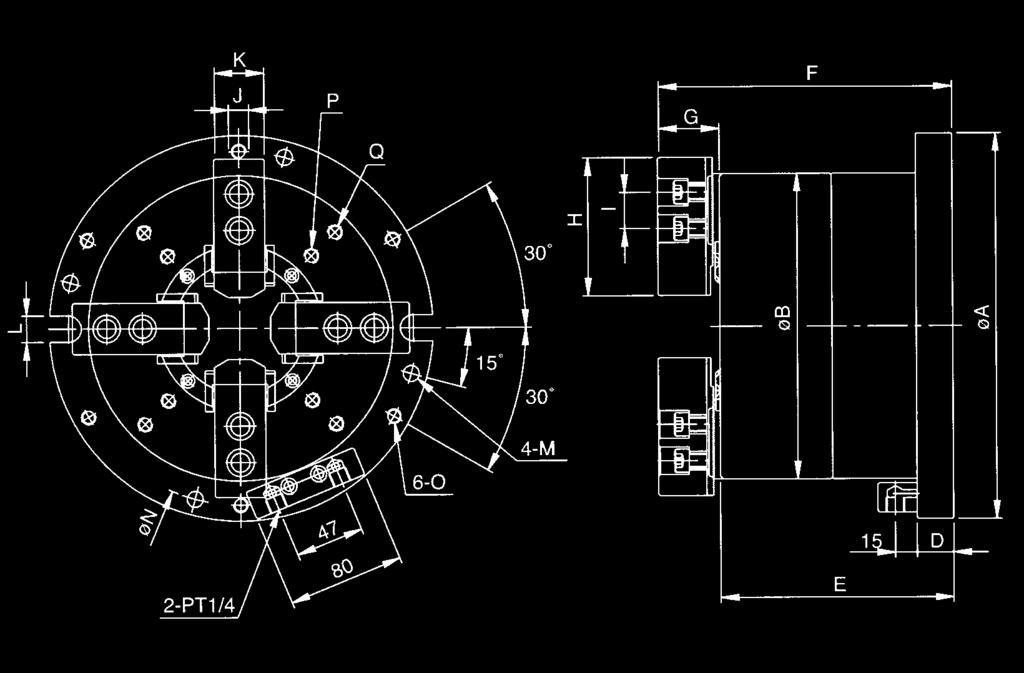 Ø285 M12 x 1,75P (PCD Ø285) 4-M10 x 1,5P (PCD Ø176) 4-M10 x 1,5P (PCD Ø224) Modell Kolvyta cm 2 Slaglängd Slaglängd Spännkraft vid pn Spännområde A B dragadapter Ø mm Tryck 6kgf/cm 2 (0,6