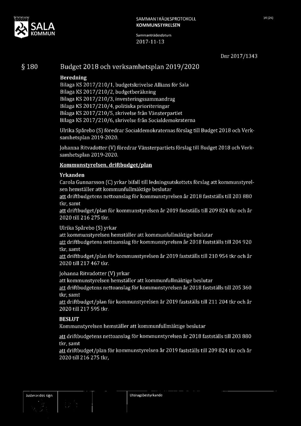 SALA SAMMANTRÄDESPROTOKOLL 14 om Dnr2017/1343 180 Budget 2018 och verksamhetsplan 2019/2020 Beredning Bilaga KS 2017/210/1, budgetskrivelse Allians för Sala Bilaga KS 2017/210/2, budgetberäkning