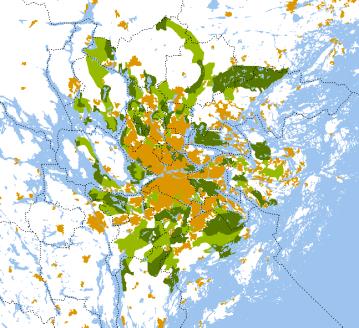 Den regionala grönstrukturen enligt RUFS 2001. Värdekärnor är mörkt gröna, kilområden ljusare.