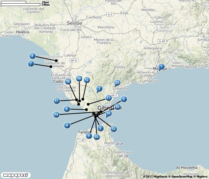 SPANSKA SYDKUSTEN 1. Desembocadura del Guadalhorce, Malaga 2. La Codorniz 3. Parque Natural Los Alcornocales 4. Mirador del Estrecho 5. Cazella Observatorio 6. Sierra de la Plata 7. Chipiona 8.