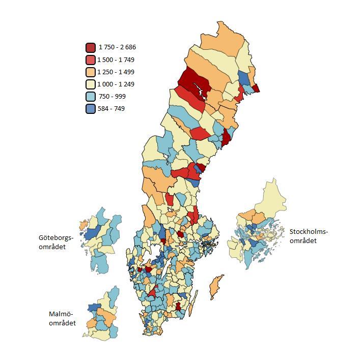 Figur 7. Kommunernas kostnader för kultur 2016. Kronor per invånare per kommun.