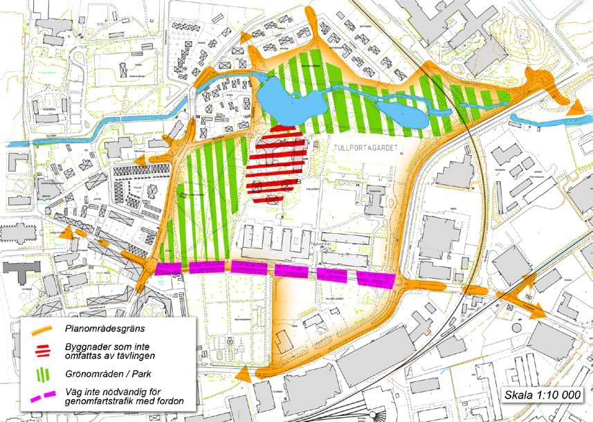 9 5.9 Omgivning och anslutningar I uppgiften ingår att ge förslag på sätt att överbrygga barriärer i form av trafikleder och omgivande gator.