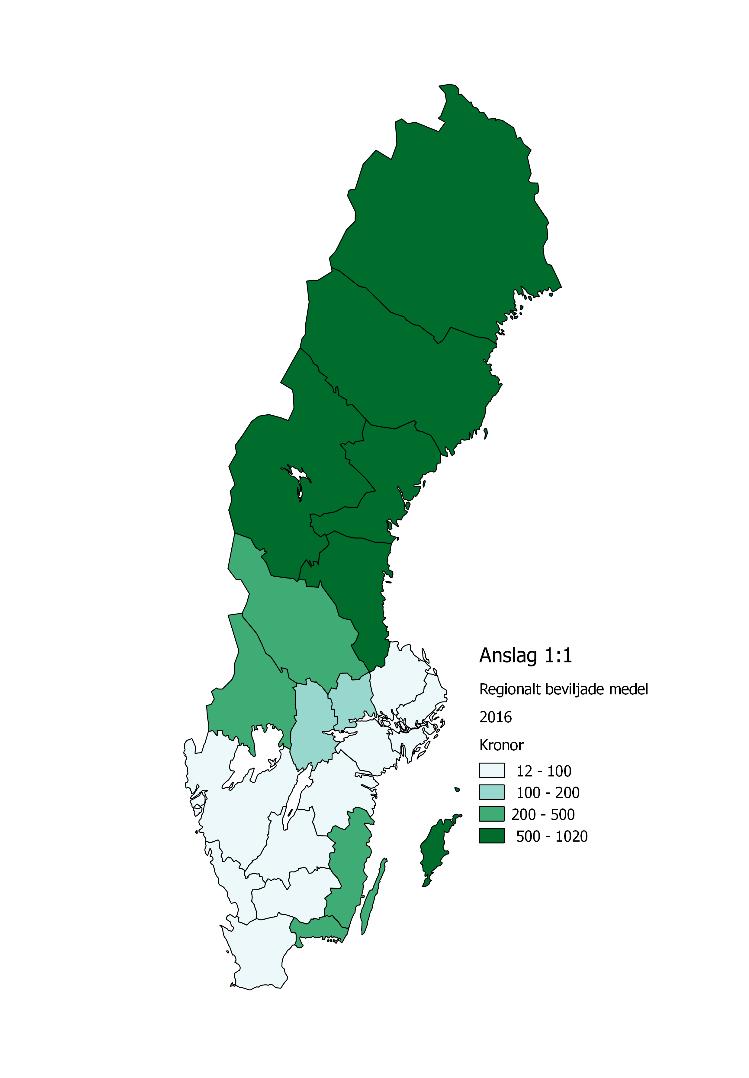 Figur 1 Regionalt beviljad projektverksamhet 2016, anslag 1:1, per capita, fördelat på län Källa: Tillväxtverket Nyps, DI-Diver, SCB befolkningsstatistik Samfinansiering indikerar ett välfungerande