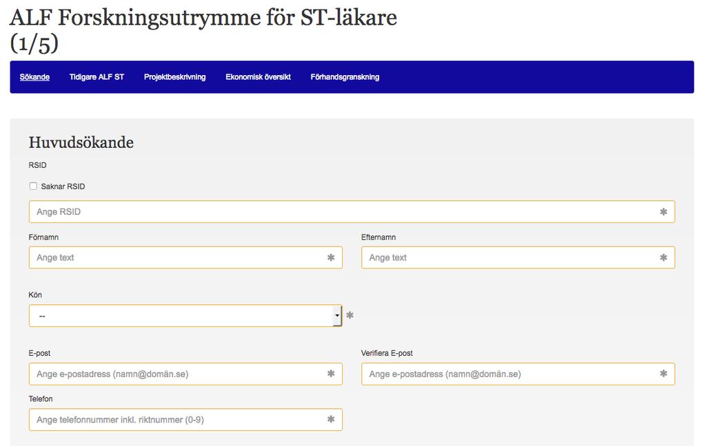 Klicka på Påbörja en ny ansökan och välj sedan typ av ansökan.