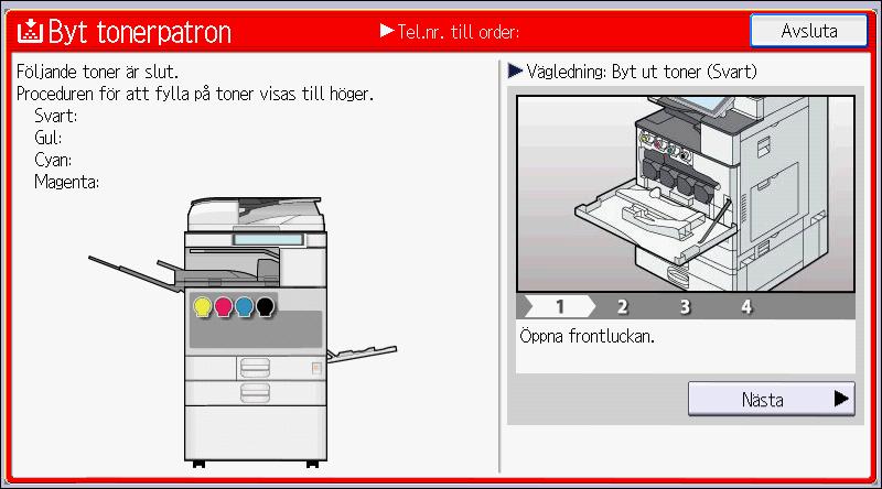 Fylla på toner Då du tar bort papper som fastnat eller byter ut tonern, undvik att tonern (ny eller använd) kommer i kontakt med dina kläder.