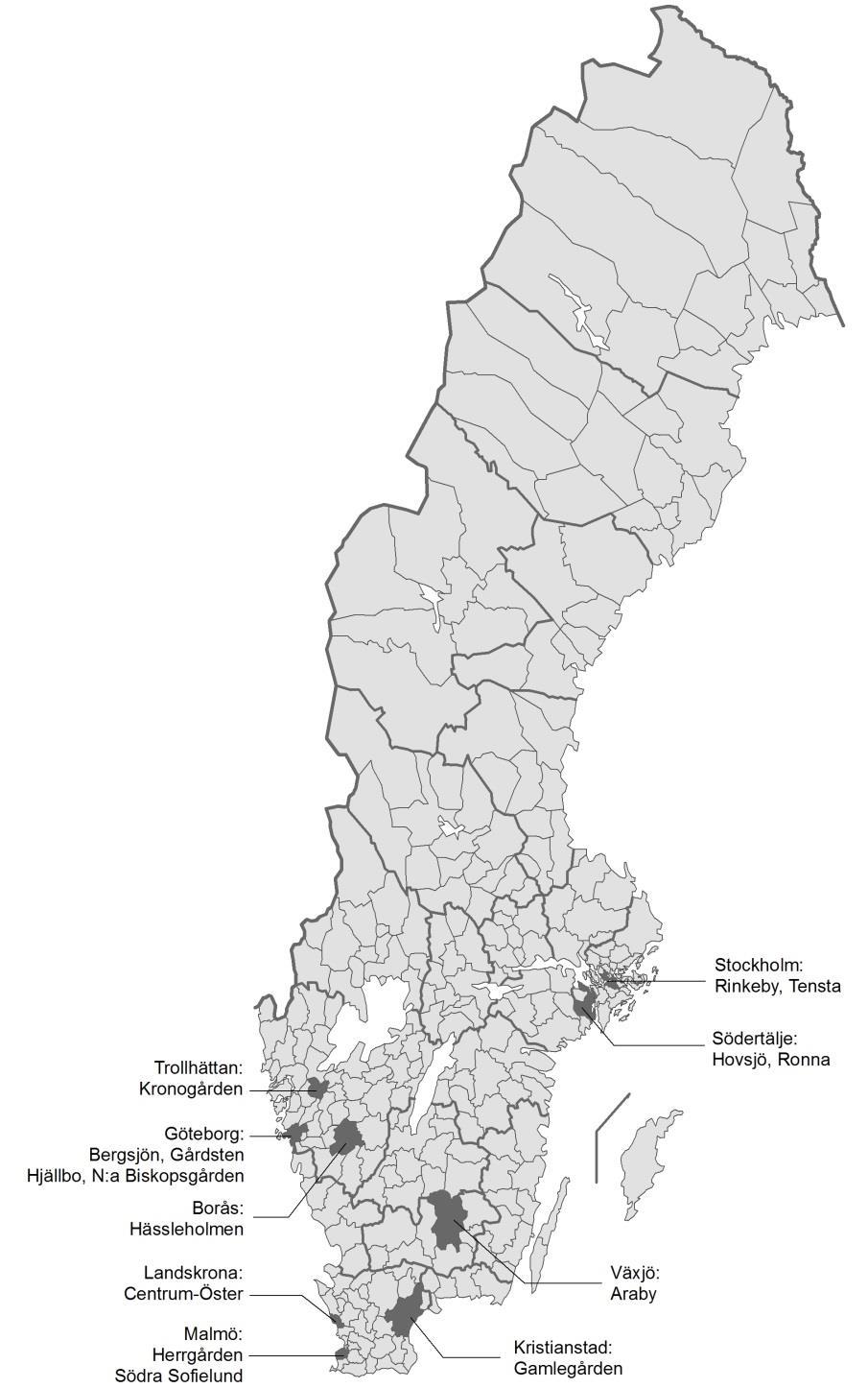 Inledning Integration med fokus på 15 stadsdelar Figur 1 Kommuner med stadsdelar i urbant