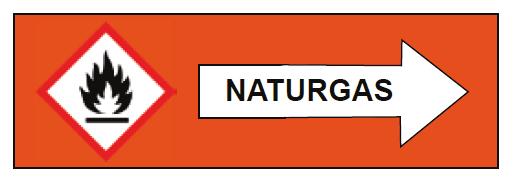 vit pil för strömningsriktning och text som anger medium till exempel NATURGAS. Bild 3 Exempel på märkning av gasledning.
