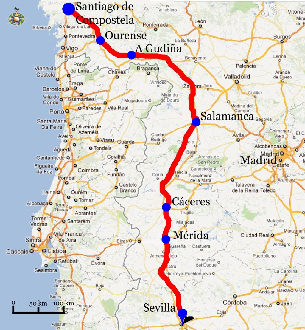Silvervägen/Via de la Plata, Salamanca A Gudiña 8(8) Via de la Plata Silvervägen eller Via de la Plata på spanska startar i Sevilla och sträcker sig 1 000 kilometer från söder till norr genom Spanien
