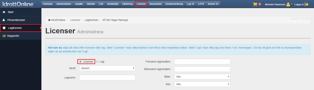 Laglicenser Omregistrering (om laget har haft licens via IdrottOnline tidigare) Gå in i licensmodulen genom att klicka på Licenser i