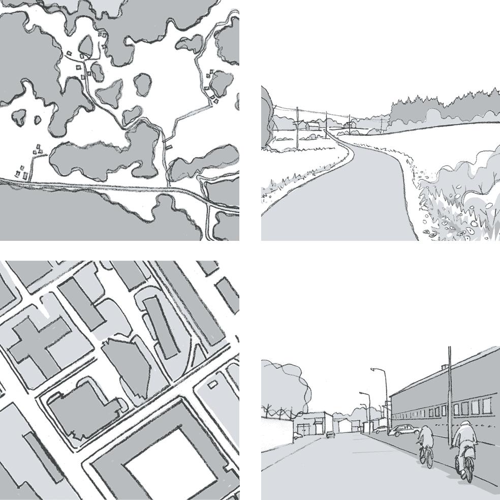 FIGUR 1-1 Bilder som visar exempel på landsbygd (ruralt vägrum, överst) och tätort (urbant vägrum, nederst) För att kunna beskriva karaktären måste väg- eller gaturummets väggar inkluderas, dvs.