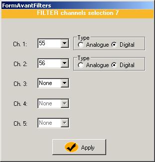 Konfiguration av kanalfilter Det finns möjlighet att välja upp till 5 kanaler per filter. Välj för varje kanal om den är analog eller digital.