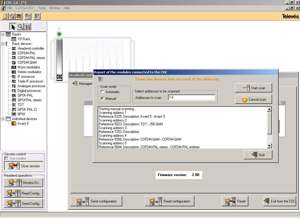 När alla enheter hittats så tryck knappen Quit för att stänga fönstret. Tryck knappen Load modules connected to the CDC för att ladda in enheterna.