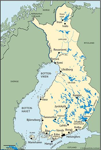 Yta 338 145 km2 (2017) Tid svensk +1 timme Angränsande land/länder Sverige, Norge, Ryssland Huvudstad med antal invånare Helsingfors (Helsinki) 620 700 (uppskattning) (2015) Övriga större städer Esbo