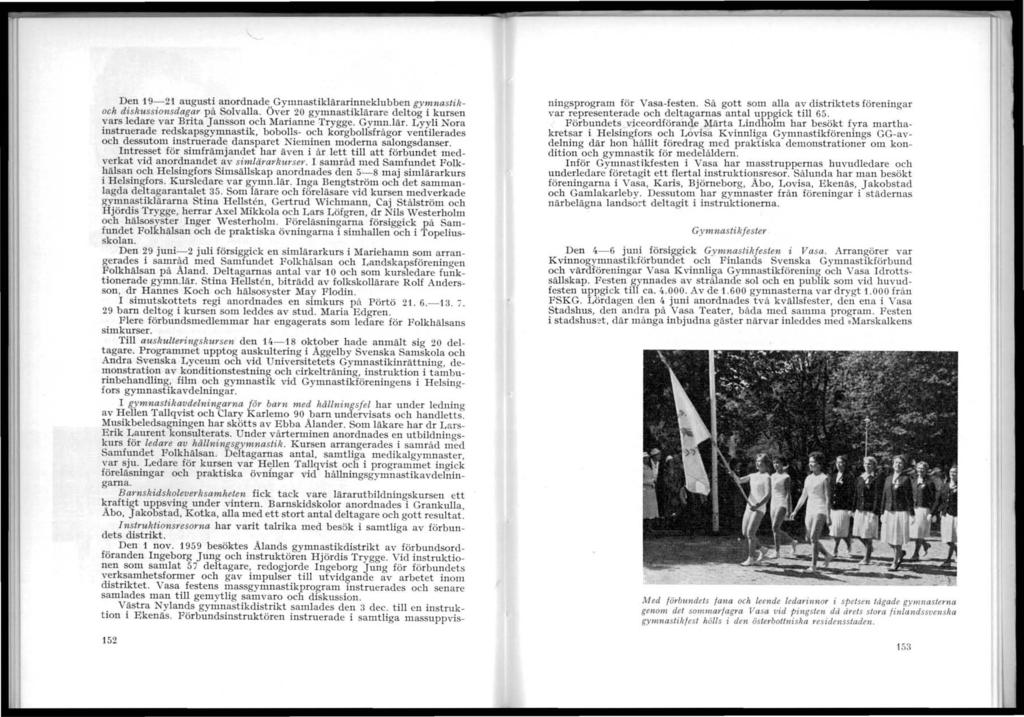 .-- Den 9-2 augusti anordnade Gymnastiklärarinneklubben gymnastikoch diskussionsdagar p Solvalla. Över 20 gymnastiklärare deltog i kursen vars ledare var Brita Jansson och Marianne Trygge. Gymn.är. Lyyli ora instruerade redskapsgymnastik, bobolls- och korgbollsfrågor ventilerades och dessutom instruerade dansparet Nieminen moderna salongsdanser.