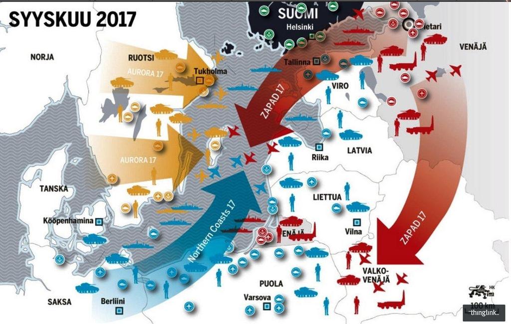 Suomen Kuvalehti september 2017 VÄSTLÄNDERNAS OCH RYSSLANDS KRIGSÖVNINGAR ÖVERLAPPAR VARANDRA Rysslands och Vitrysslands Zapad-2017-krigsövningar 14.-20.9.