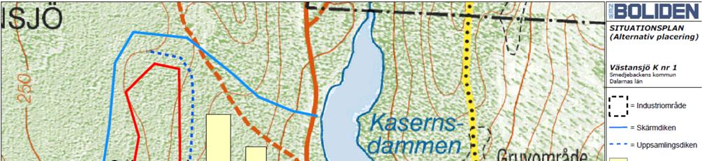 Figur 1: Situationsplan Västansjö K nr 1. Se även bilaga D2 till ansökan. Planerat industriområde väster om Kasernsdammen.