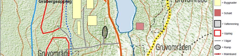 Schakt för tilluft och ramp/snedbana ner till gruvan beräknas ligga vid södra änden och strax söder om sjön Kasernsdammen.