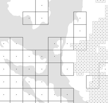 Rutor 1000 x 1000 m och 250x250m. Centroiderna är rutornas geometriska mittpunkt.