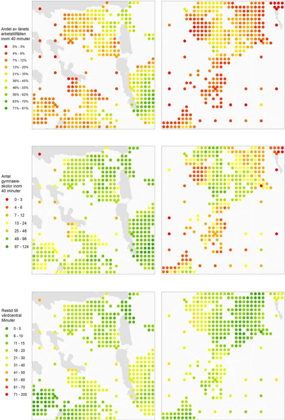 Figur 8. Kartor över testvariabler (fort.). De översta kartorna visar andelen av länets arbetstillfällen som kan nås med 40 minuters restid.