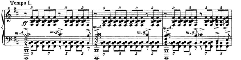 Rachmaninov skrev även ut vänster hands beteckning m.g. i efterföljande takter.