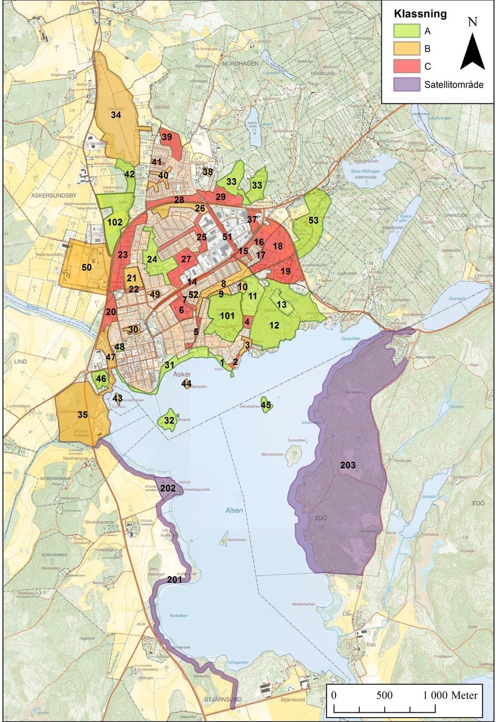 Askersund Områdesklassningar, övergripande Här visas klassningen som gjorts, av samtliga inventerade områden i Askersund.