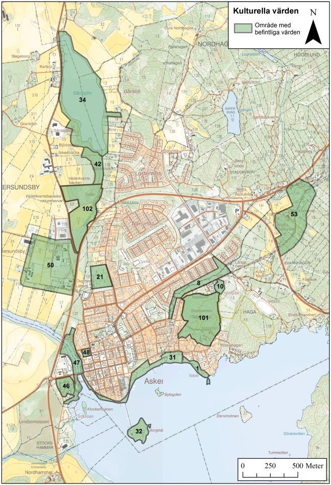 av träd och/eller buskar: 28, 31, 32 och 40. Visas ej på egen karta.