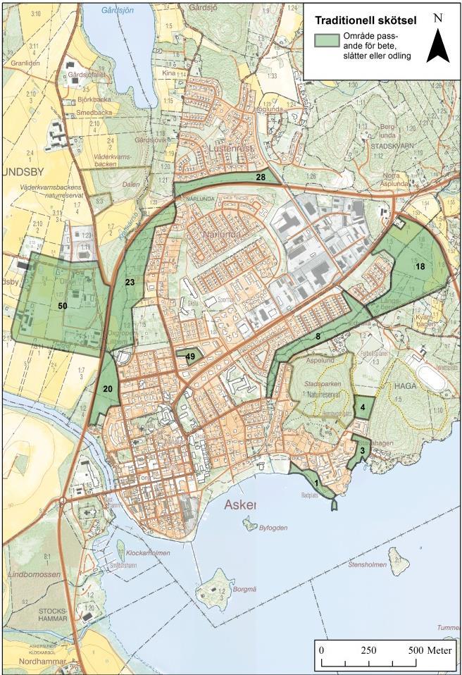 Traditionell skötsel - Odling, bete, slåtter I följande områden förekommer eller finns förslag på odling, bete eller annan traditionell skötsel, så som slåtter med bortförsel av organiskt material: