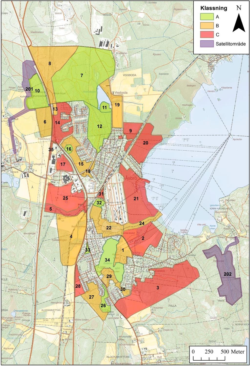 Åsbro Områdesklassningar, övergripande Här visas klassningen som gjorts, av samtliga inventerade områden i Åmmeberg.