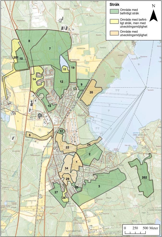 Samrådsredogörelse De mest uppskattade områdena är 1 (Etsabosjöns östra strand), 7 (elljusspåret), 22 och 24 (kring Åsasjön och bäcken), 34 (badplatsen) samt 26-27 kring Klockarebäcken och åsen