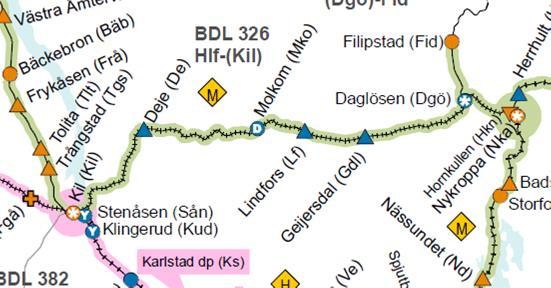 Figur 2. Utdrag från Trafikledningsområdeskarta över sträckan Kil Daglösen. Källa: Trafikverkets hemsida. 2015 Trafikverket och Lantmäteriet, Geodatasamverkan. Publikationsnummer: 2015:214.